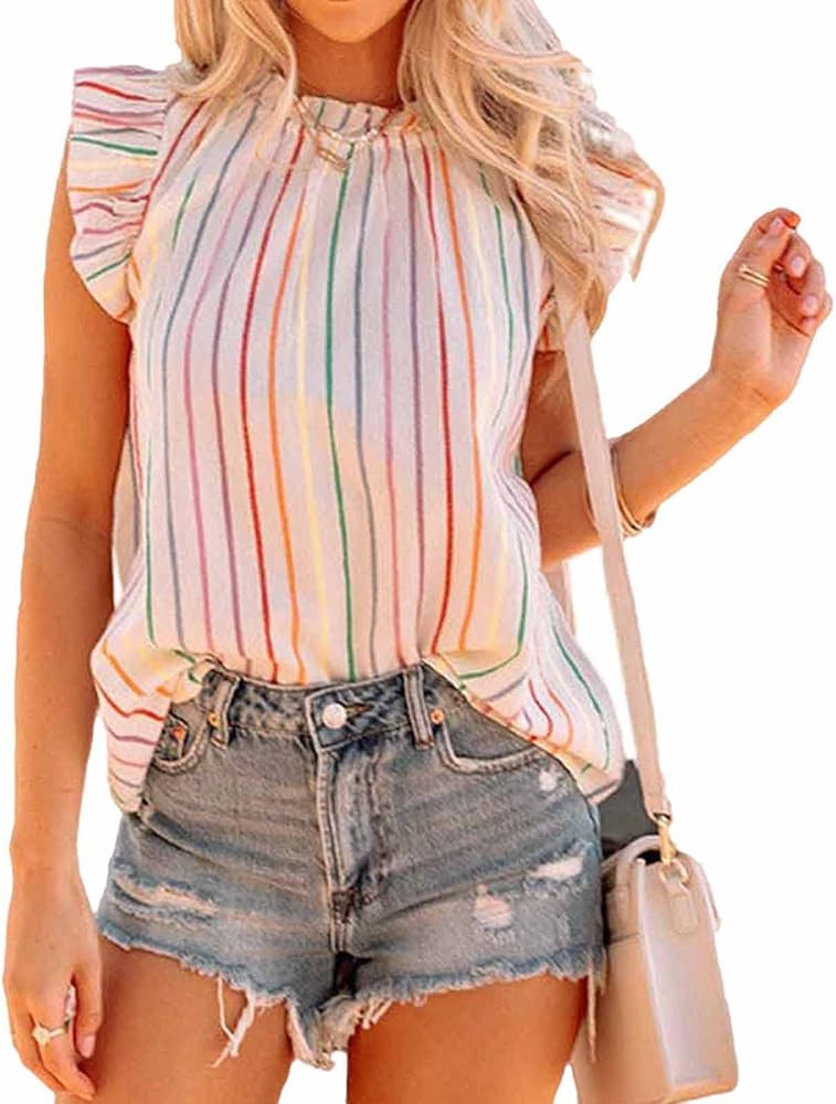 TimeMark Women's Summer Ruffle Trim Neckline Tank Tops Double Lined Sleeveless Chiifon Shirts Blouse | Amazon (US)