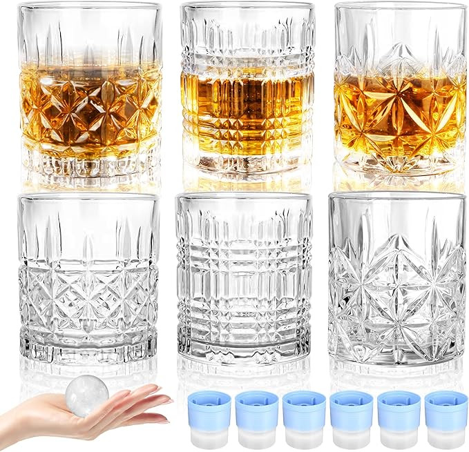 Whiskey Rocks Glass, Mixed Set of 6 (3 Styles Crystal Bourbon Glasses, 6 Round Big Ice Ball Molds... | Amazon (US)