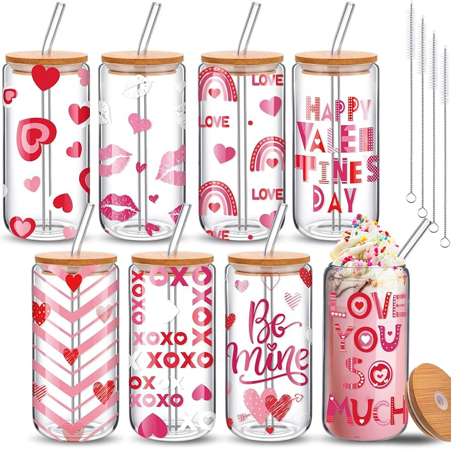 Umigy 8 Pcs 16oz Ice Coffee Cup with Bamboo Lids and Glass Straw Valentine's Day Gift for Her Hea... | Amazon (US)