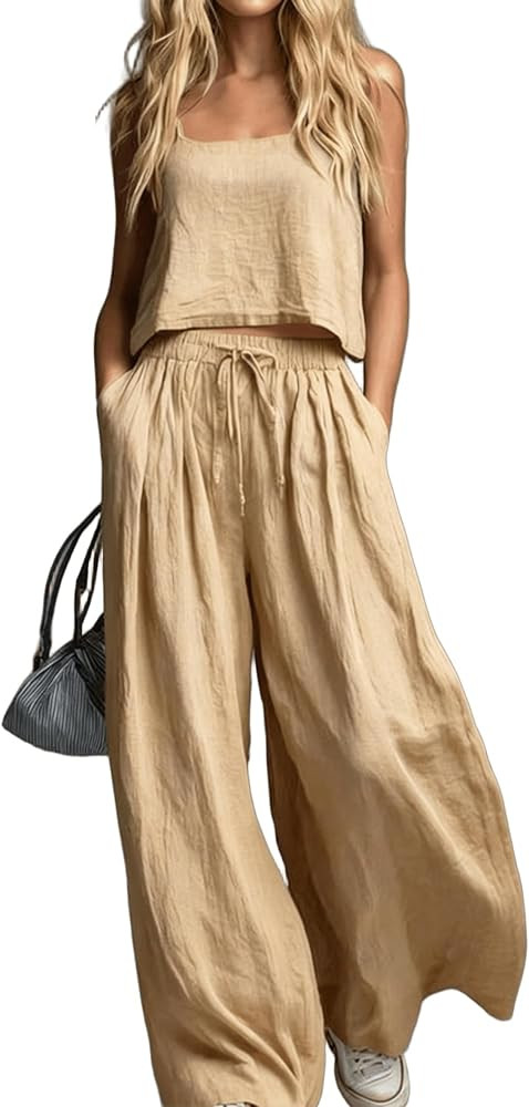 Womens Lounge Sets 2 Piece outfits Summer Crop Sleeveless Cami Top Matching Wide Leg Pants Set fo... | Amazon (US)