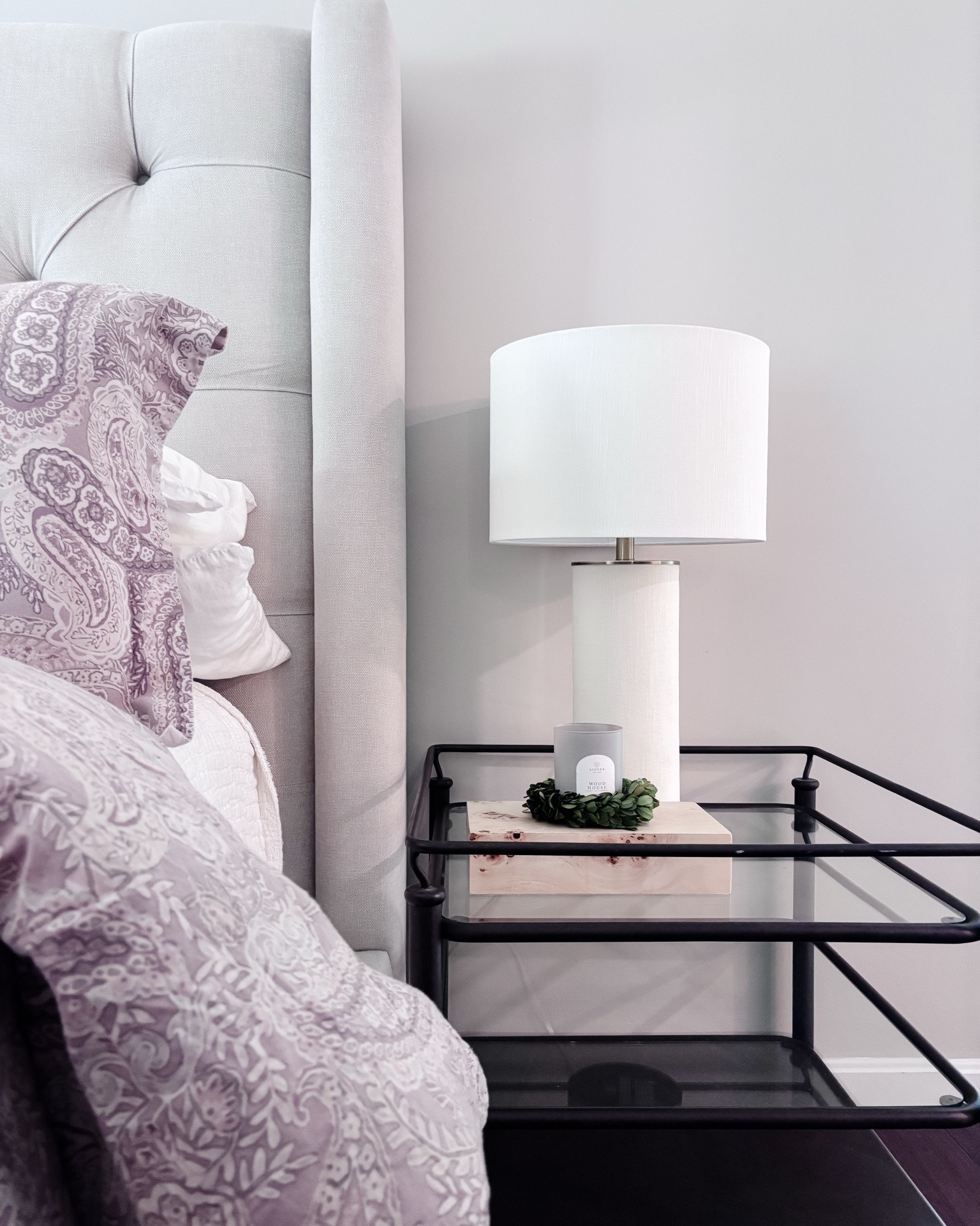 Favorite Candle and Beautiful Burlwood Box. #bedroomdecor