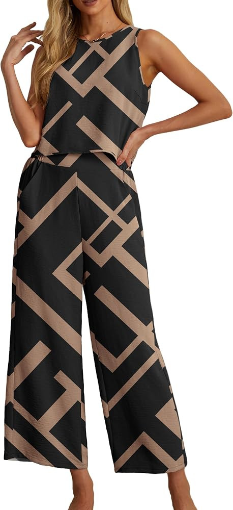 IWOLLENCE Women's Summer 2 Piece Outfits Set Round neck Sleeveless Tank Crop Top Wide Leg pants S... | Amazon (US)
