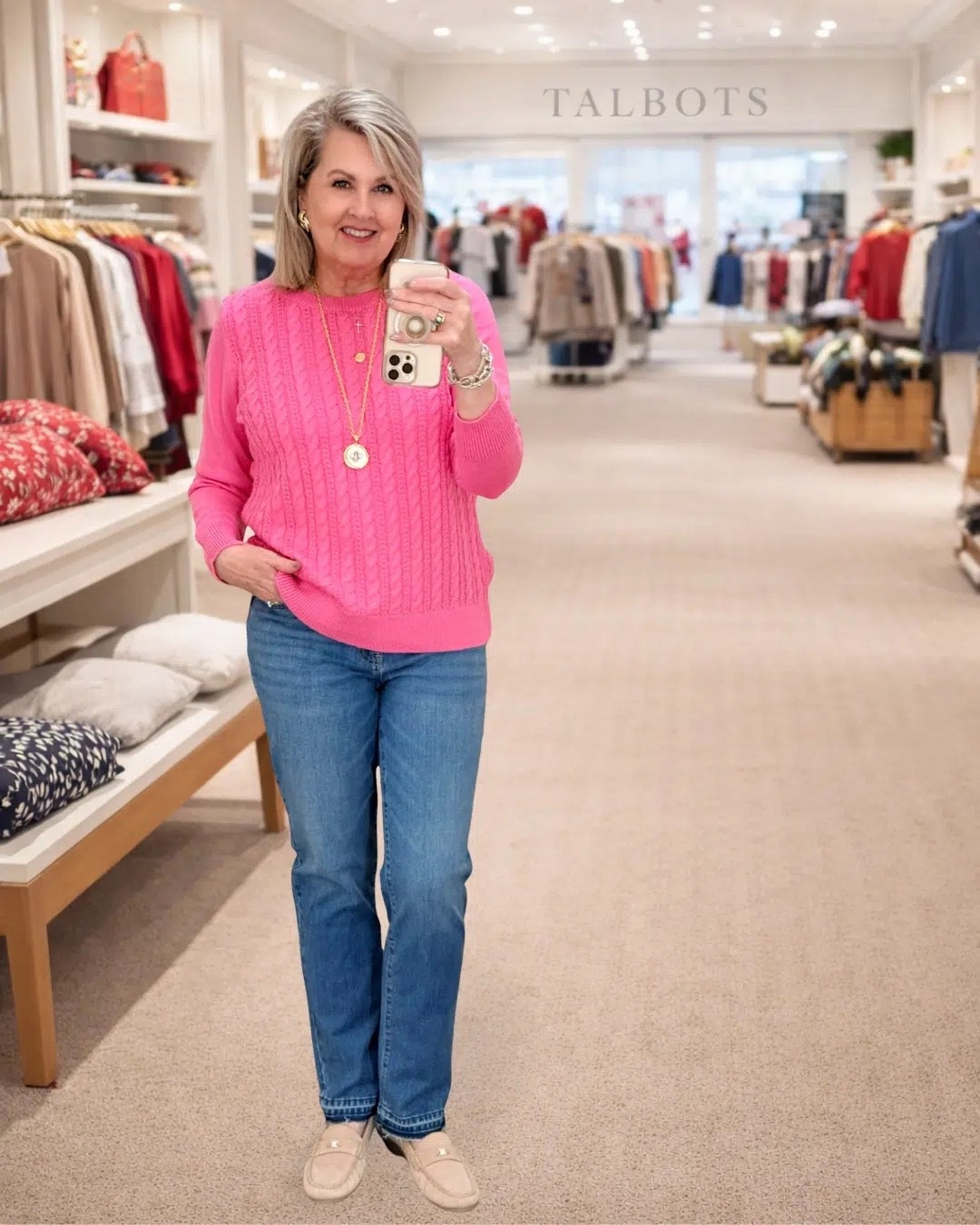 A try on with new arrivals from Talbots! My pink cable knit sweater is a size medium and drop hem jeans are a size 8. 

#LTKgrwm #LTKootd #LTKWorkwear