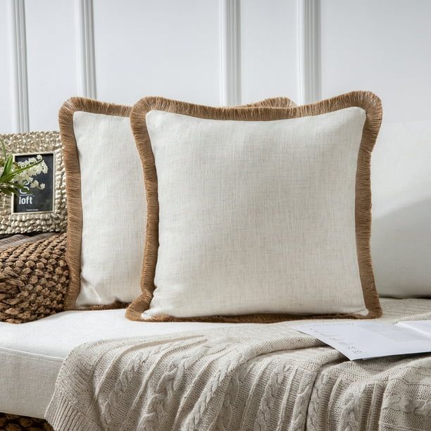 Phantoscope Linen Tassel Trimmed Farmhouse Series Decorative Throw Pillow, 18" x 18", Off White, ... | Walmart (US)