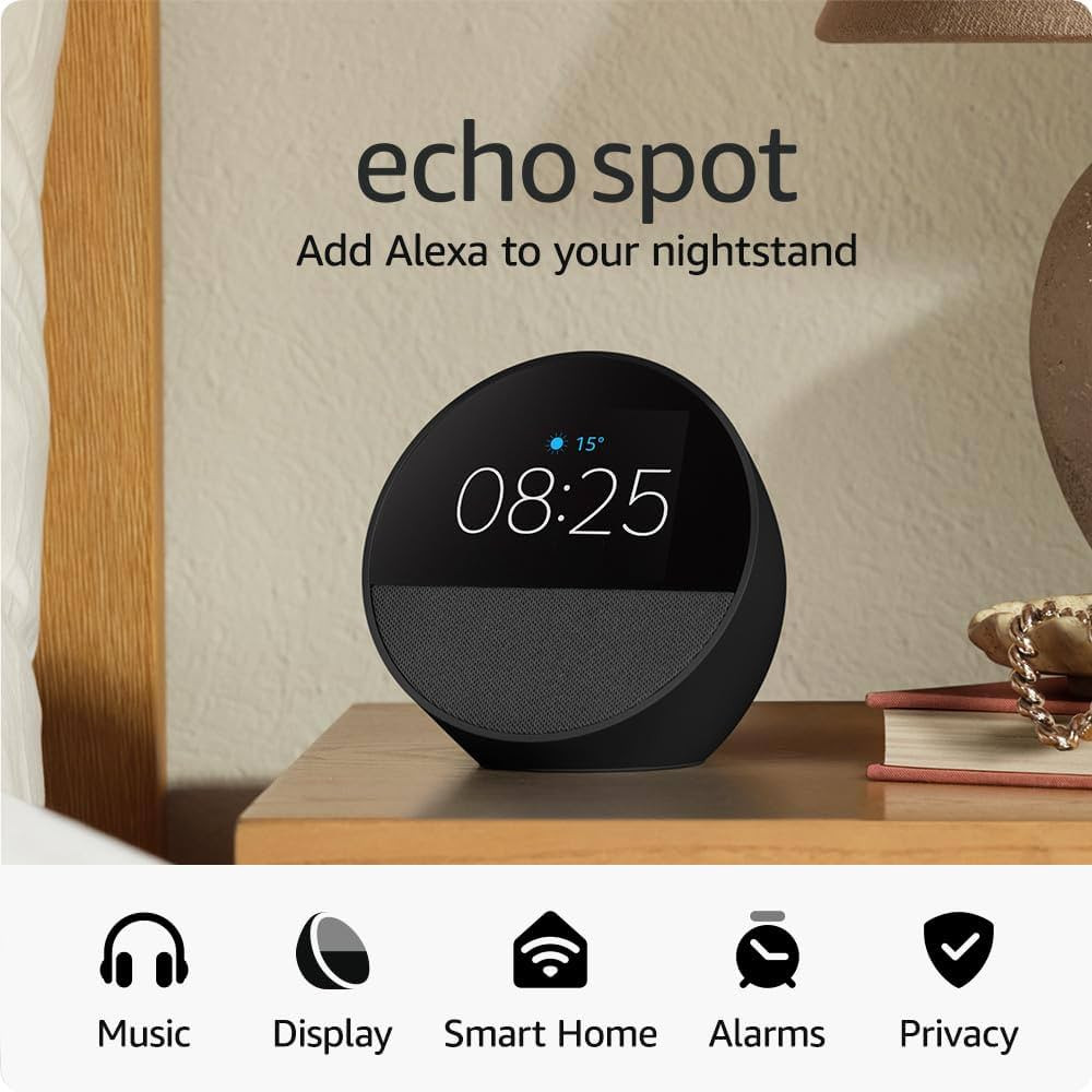 Echo Spot (newest gen), Smart alarm clock with vibrant sound + Alexa, Black | Amazon (UK)
