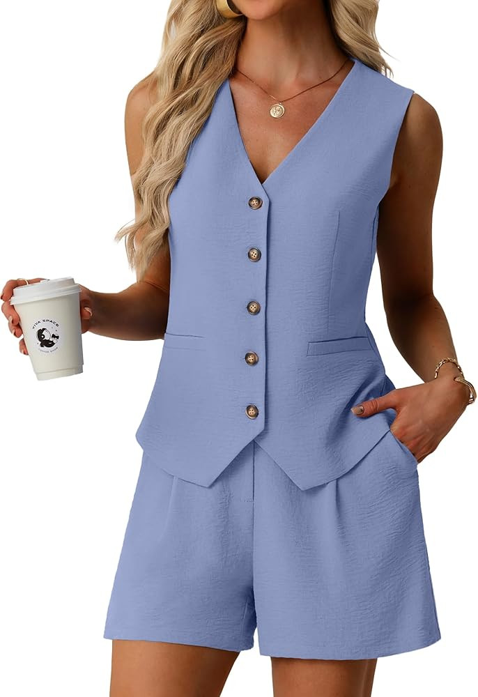 Lepunuo Women's Summer 2 Piece Outfits Sleeveless Button Down V Neck Vest Business Casual Outfits... | Amazon (US)