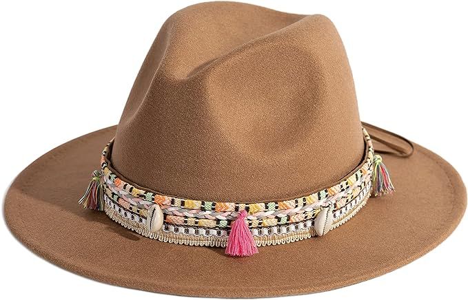 Gossifan Women's Felt Fedora Hat Wide Brim Panama Hats with Tassel | Amazon (US)