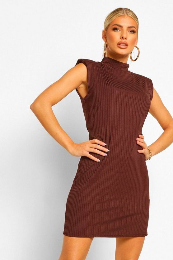 Rib Shoulder Pad High Neck Shift Dress | Boohoo.com (US & CA)