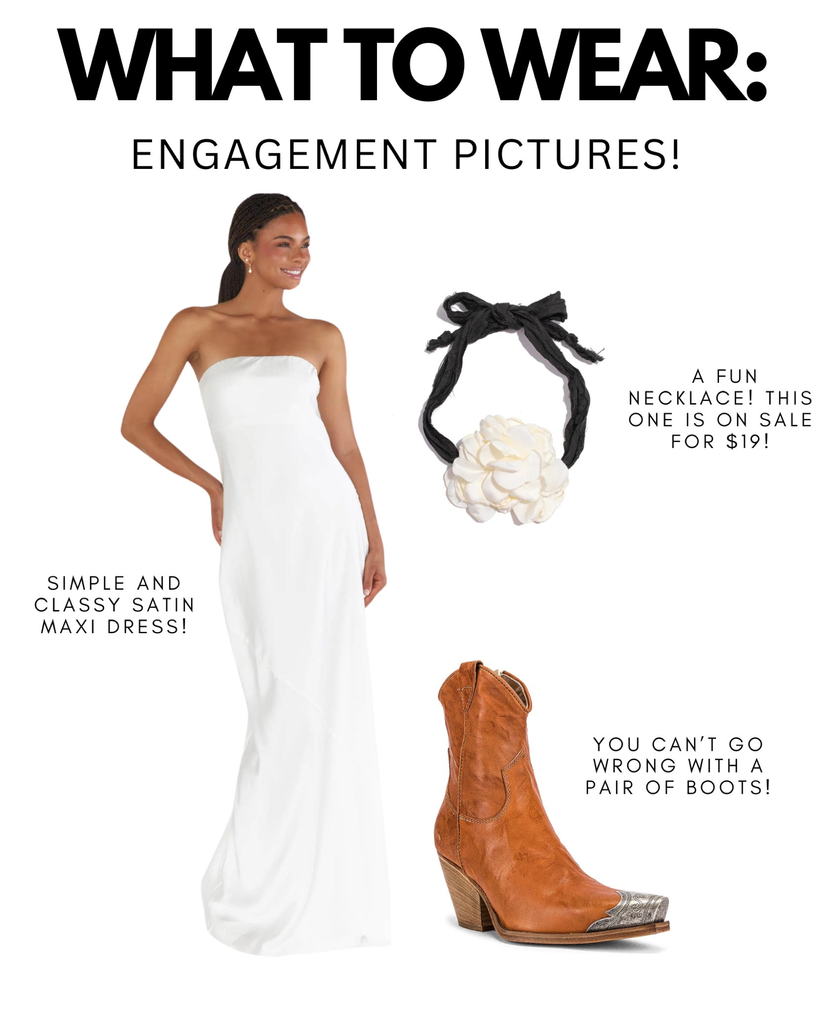 A breakdown of what I wore for my engagement pictures! 🤍🤍 The necklace is on sale now for $19! Linking a pants suit I think the boots + necklace would be fun with if you aren’t a dress girl! 

#LTKstyletip #LTKsalealert #LTKwedding