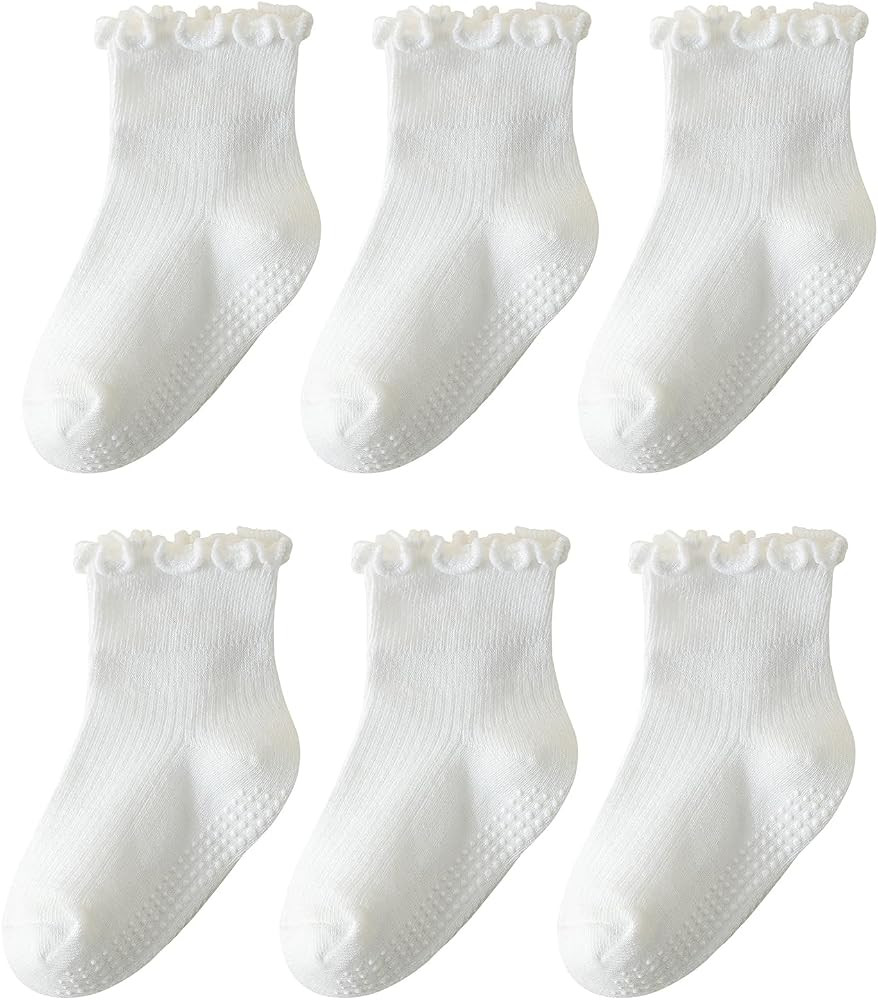 ANYANIME Toddler Socks Ruffle for Girls Baby Grip Socks Non Slip Cute Frill | Amazon (US)