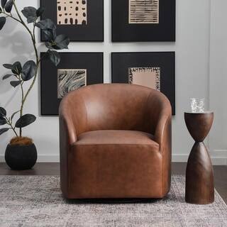 Brown 100% Genuine Leather Swivel Barrel Armchair | The Home Depot
