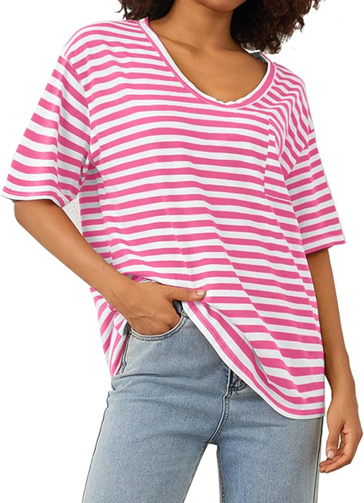 Women Oversized T Shirt Striped Short Sleeve Deep V Neck Tee Shirt Casual Loose Drop Shoulder Sum... | Amazon (US)