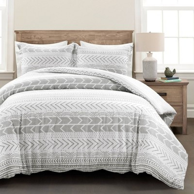3pc Full/Queen Hygge Geo Duvet & Sham Set Gray/White - Lush Décor: Cotton, Reversible, Inner Ties, 460 Thread Count | Target
