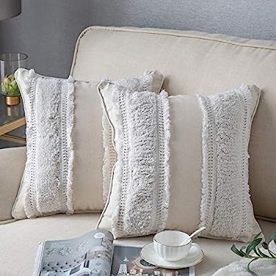 DEZENE Boho Throw Pillow Covers: 2 Pack 100% Cotton Woven Tufted Decorative Square Pillowcases fo... | Amazon (US)