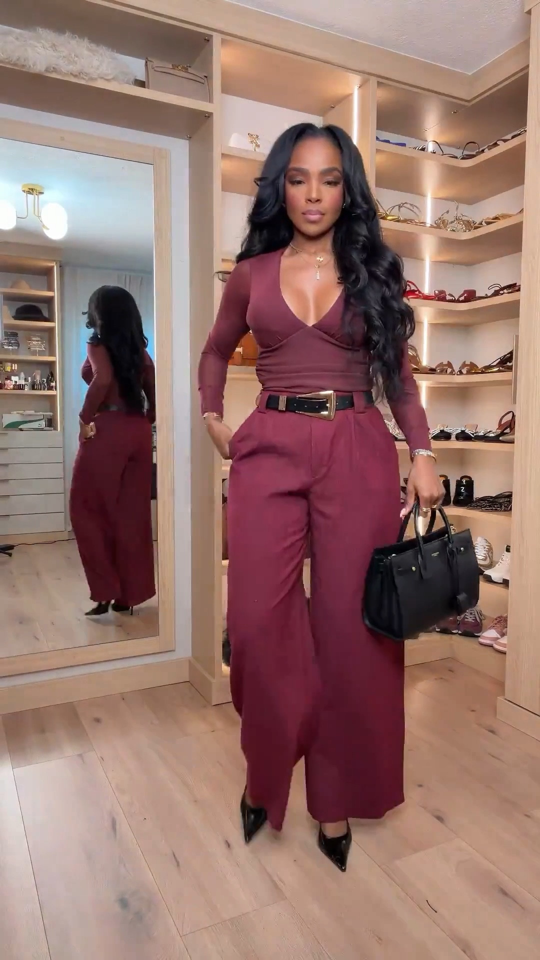 ✨ Polished Power in a Rich Wine Hue
This deep burgundy set is the definition of confident and elevated. The wrap-style top adds shape while the tailored wide-leg trousers create a sleek, elongating silhouette. Finished with a structured bag and pointed-toe heels for an effortlessly chic, put-together look.

Perfect for dinner dates, work events, holiday gatherings, and nights out.

Save this post to shop later or tap to get details and recreate the look.

📏 Sizing: Top (Small) • Pants (4 Long) • Heels (TTS) • Bag (One Size)  
Measurements: 5'4" • 138 lbs • 34D • 27” waist • 40” hips

Burgundy outfit set, wine color outfit, elevated neutral look, wide leg trousers outfit, chic fall style, polished women’s fashion, classic evening outfit.

Follow me on Instagram and YouTube @kirasfashionfinds