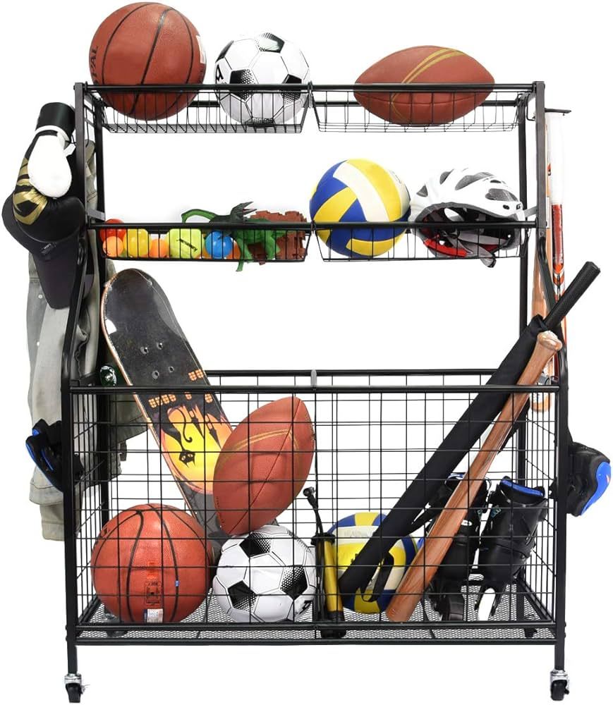 Garage Sports Equipment Organizer, Ball Storage Rack, Ball Storage Garage, Garage Organizer, Roll... | Amazon (US)
