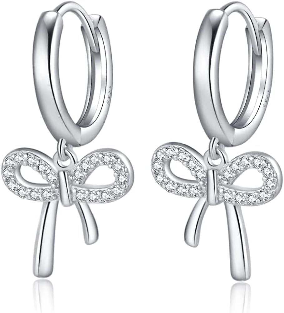 Amazon.com: Reffeer Solid 925 Sterling Silver Bow Drop Hoop Earrings for Women Girls Bowknot Hoop... | Amazon (US)