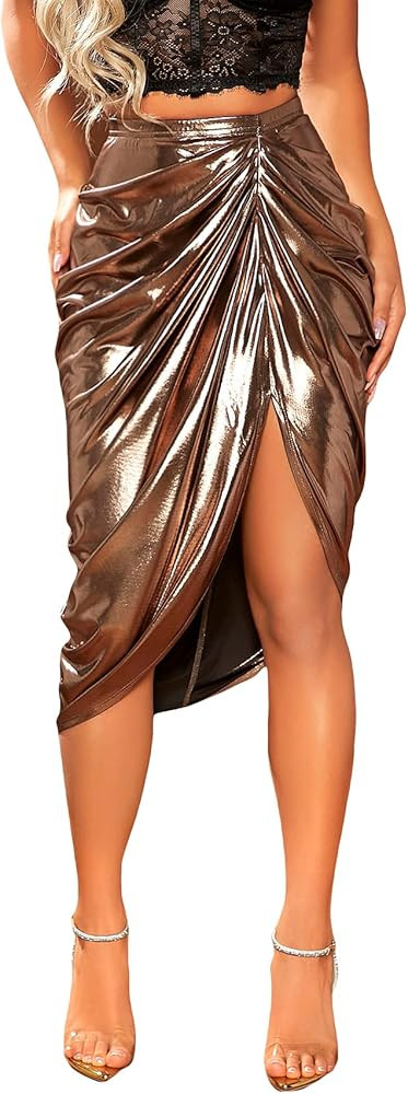 WDIRARA Women's Split Thigh Front Satin High Waist Ruched Zip Back Bodycon Midi Skirt | Amazon (US)
