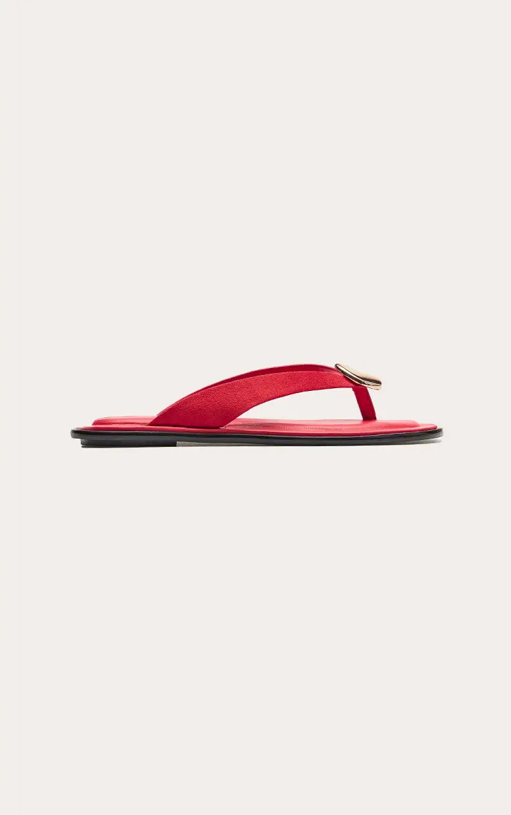 RED Faux Suede Gold Trim Toe Thong Sandals | PrettyLittleThing UK