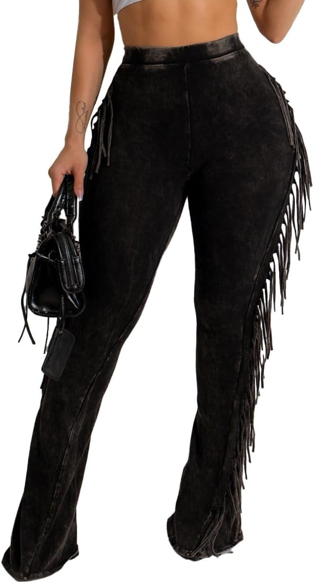 Women's Casual Mid Waist Fringed Cotton Pants Elastic Waist Bodycon Pants Tassels Side Long Pants... | Amazon (US)