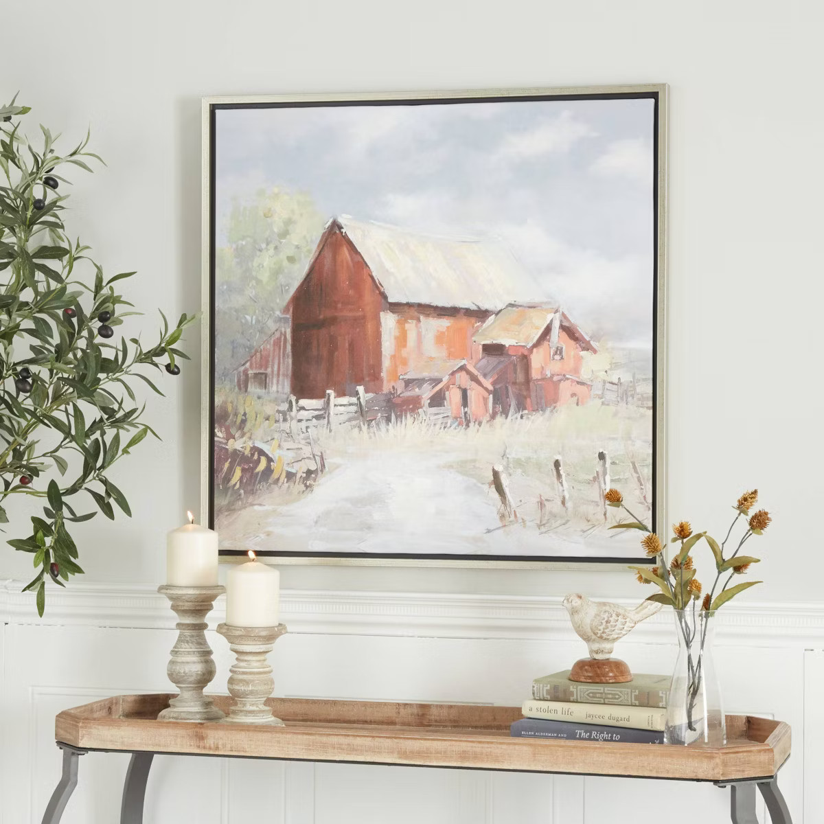 Canvas Landscape Barn Framed Wall Art with Silver Frame - Olivia & May: Modern Farmhouse Decor | Target