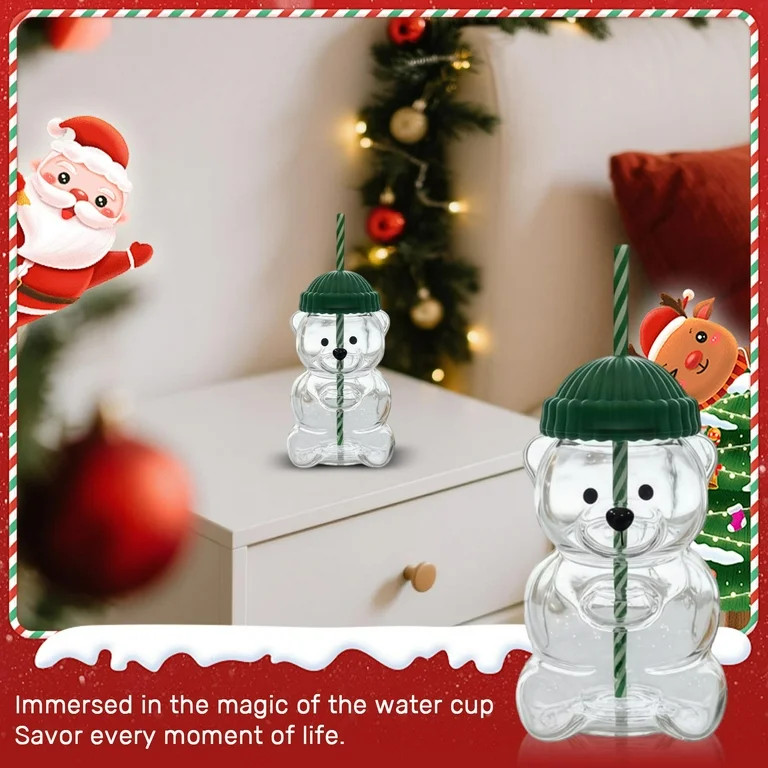 Christmas Cute Bear Glass Straw Cup - Transparent Design with Green Lid & Striped Straw, Festive-... | Walmart (US)