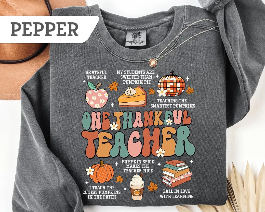 Comfort Colors®one Thankful Teacher Sweatshirt, Thanksgiving Teacher, Retro Groovy Fall Teacher ... | Etsy (US)