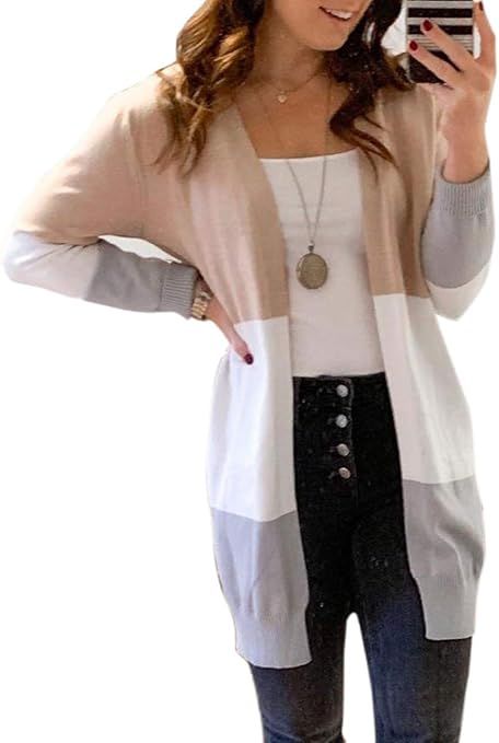 ZESICA Women's Long Sleeve Striped Color Block Open Front Draped Loose Knit Lightweight Cardigan ... | Amazon (US)