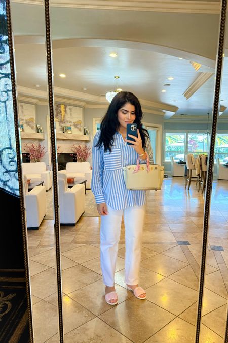 The most comfortable white jeans. Striped button down shirt is one of my go to. Striped shirt, white jeans, Paige jeans, Chanel sandals, Chanel, Birkin 25 

#LTKFestival #LTKSeasonal #LTKU