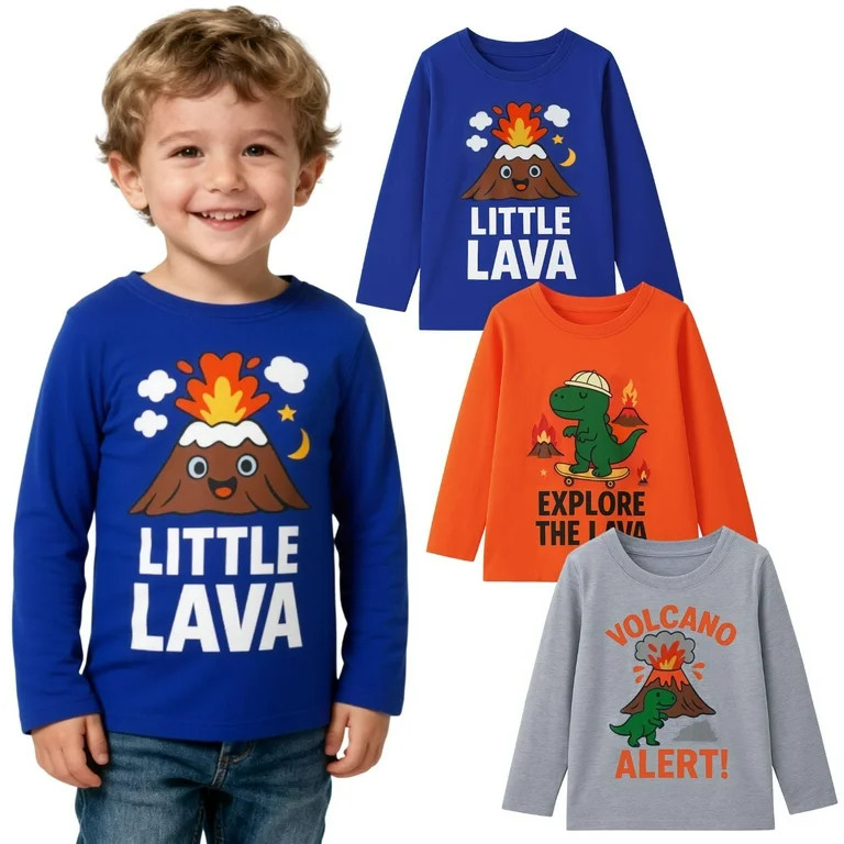 HILEELANG Toddler Boys（2Y-7Y) Shirt 3-Pack Dinosaurs Volcano Graphic Long-Sleeve Tees Winter Co... | Walmart (US)