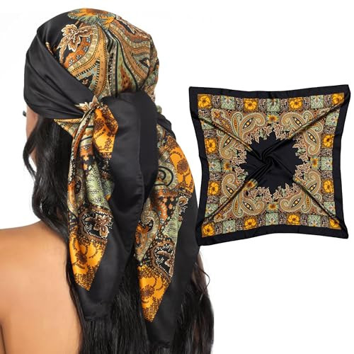 WODFAMY 35”Large Silk Head Scarves - 1Pcs bandanas for women elegance silk scarf for women Like Scarf Headscarf hair scarf black | Amazon (US)