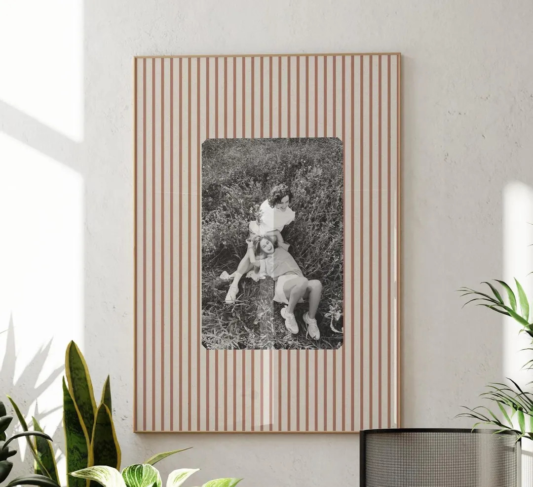 Custom Photo Striped Print Pastel trendy aesthetic wall art bedroom housewarming gift for couples... | Etsy (US)