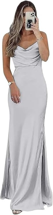 Satin Bridesmaid Dress for Women Spaghetti Straps Slit Prom Dress Formal | Amazon (US)