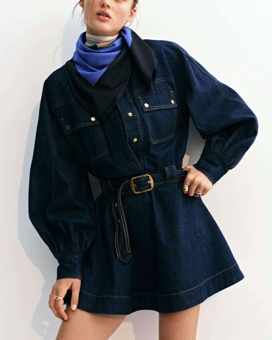 Denim tie belt shirt dress