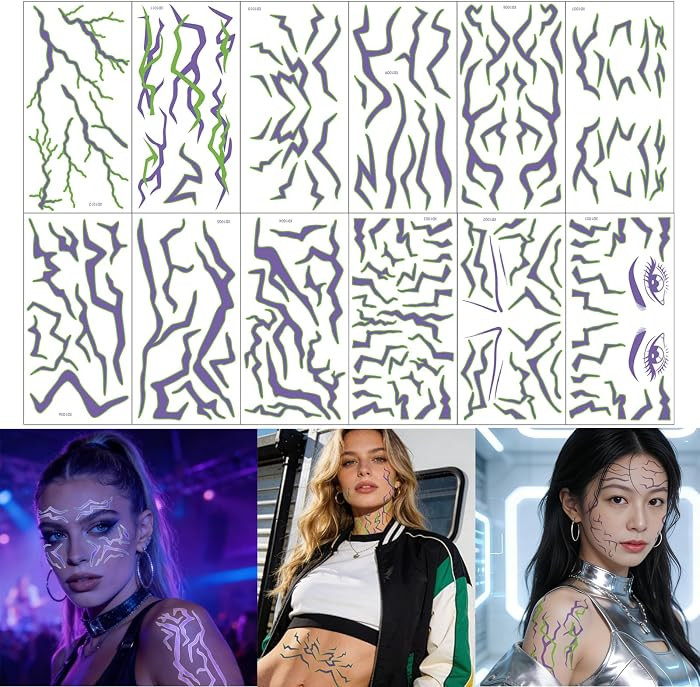Xmasir Temporary Tattoos Kit, Glow In The Dark 12 Sheets Demon Cosplay Fake Tattoo Stickers Purpl... | Amazon (US)