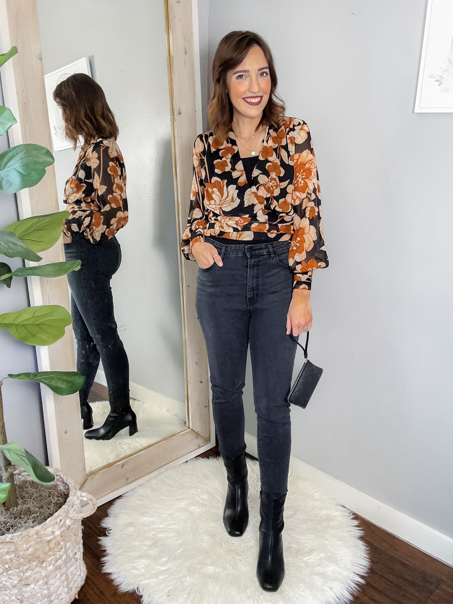 EXPRESS Fall floral orange and black blouse - S, TTS
***I wore with black cami underneath-linked***
Black skinny jeans - linked similar 
Coach wristlet purse
Target black booties, TTS
Silver necklace from Amazon prime

Fall fashion, modest outfits, Christian fashion blogger 

#LTKSeasonal #LTKworkwear #LTKstyletip
