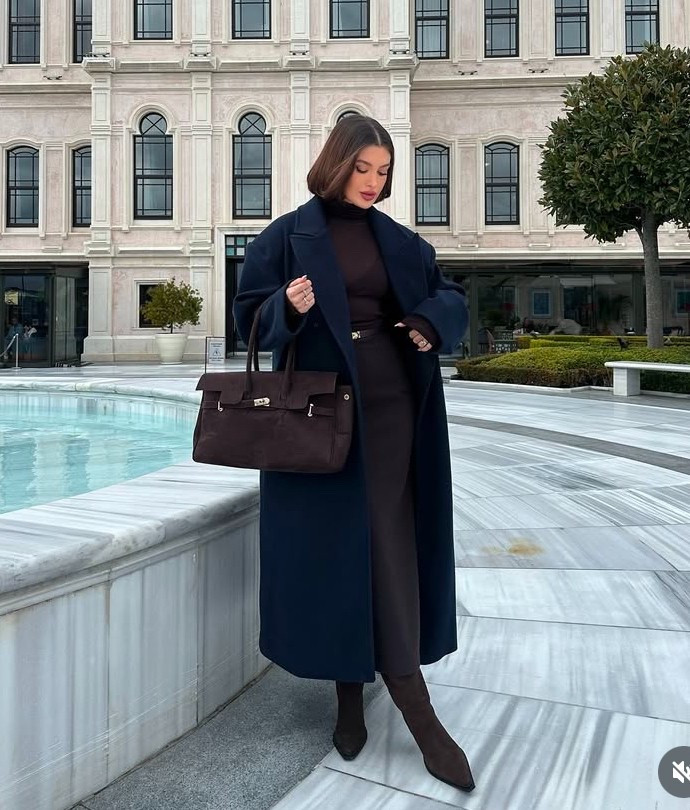 Dark brown sweater 
Black long pants 
Dark brown knee high boots
Dark brown bag 
Navy long coat 

#LTKStyleTip #LTKSaleAlert #LTKPetite
