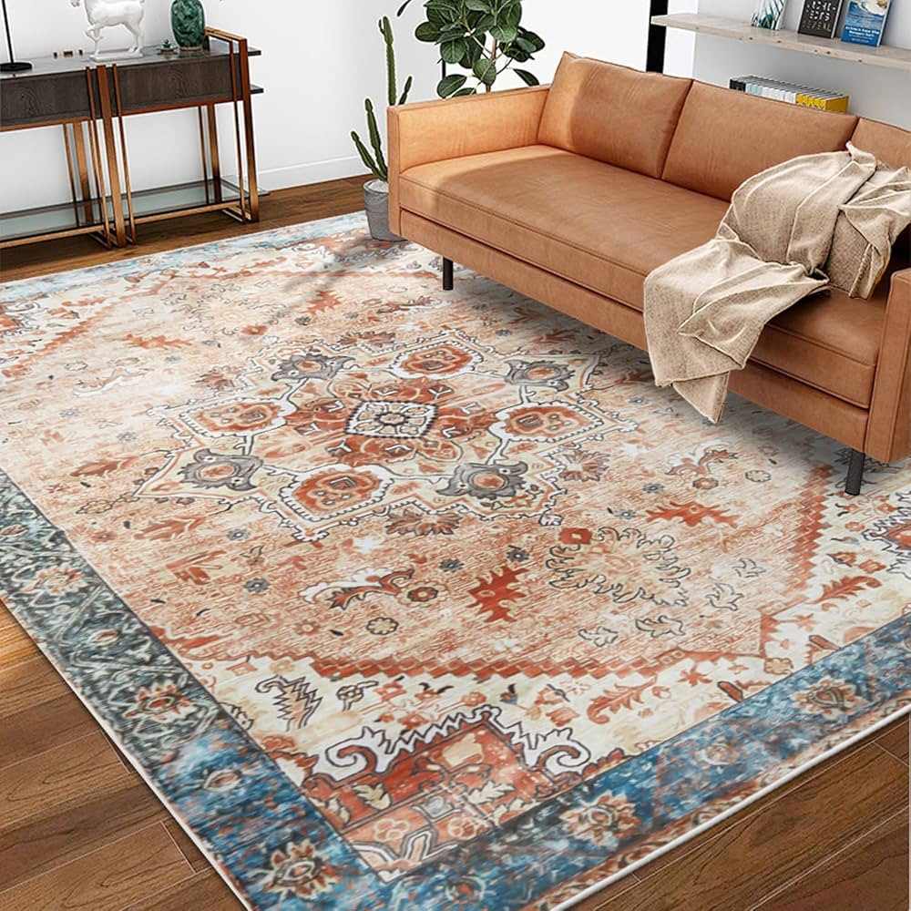 8x10 Ultra-Thin Vintage Area Rug - Large Living Room Rug Soft Velvet Rug,Stain Resistant Washable... | Amazon (US)