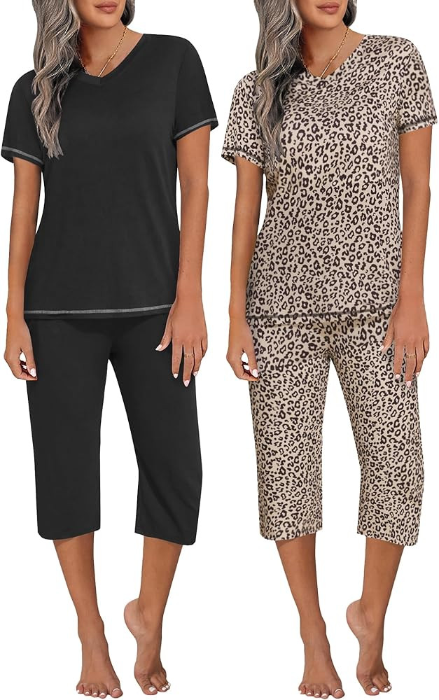 Ekouaer 2 Pack Women's Sleepwear Capri Pajama Sets Short Sleeve Two-Piece Pjs V Neck Tops & Capri... | Amazon (US)