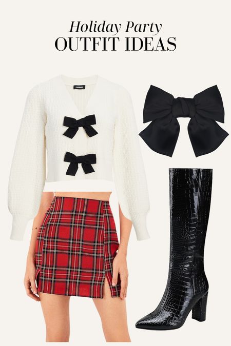 Holiday party outfit idea! Bow sweater, plaid skirt, knee high boots, hair bow

#LTKSeasonal #LTKparties #LTKHoliday