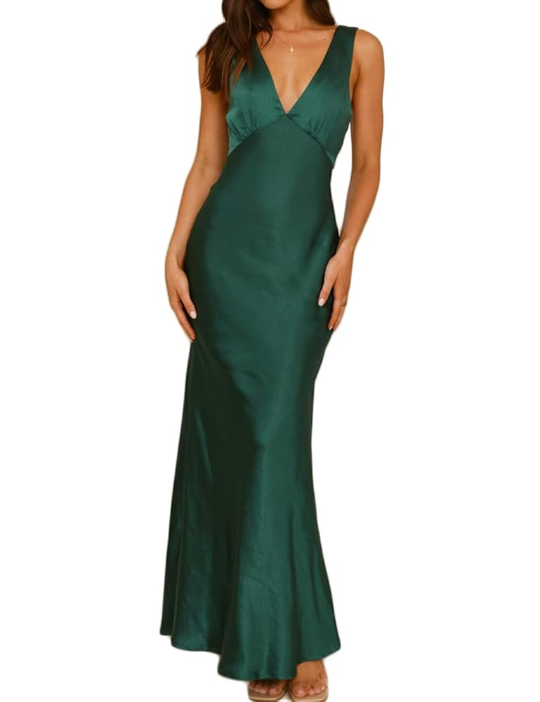 Summer Satin Formal V Neck Backless Sleeveless Maxi Dress for Women 2025 Elegant Evening Cocktail... | Amazon (US)