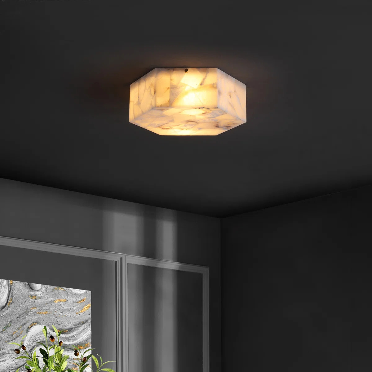 Ardythe, 2 Light, 14 Inch, Alabaster/Metal Semi-Flush Mount | Wayfair North America