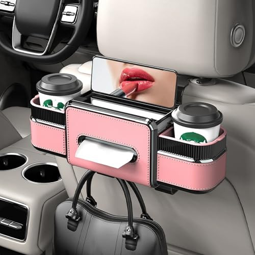 Multifunctional Car Seat Back Organizer Box with Drink Cup Holder, Makeup Mirror, Tissue Box& Hooks for Car Seat Back, New Upgrade Car Headrest Backseat Organizer Suitability for Wife, Girlfriend | Amazon (US)