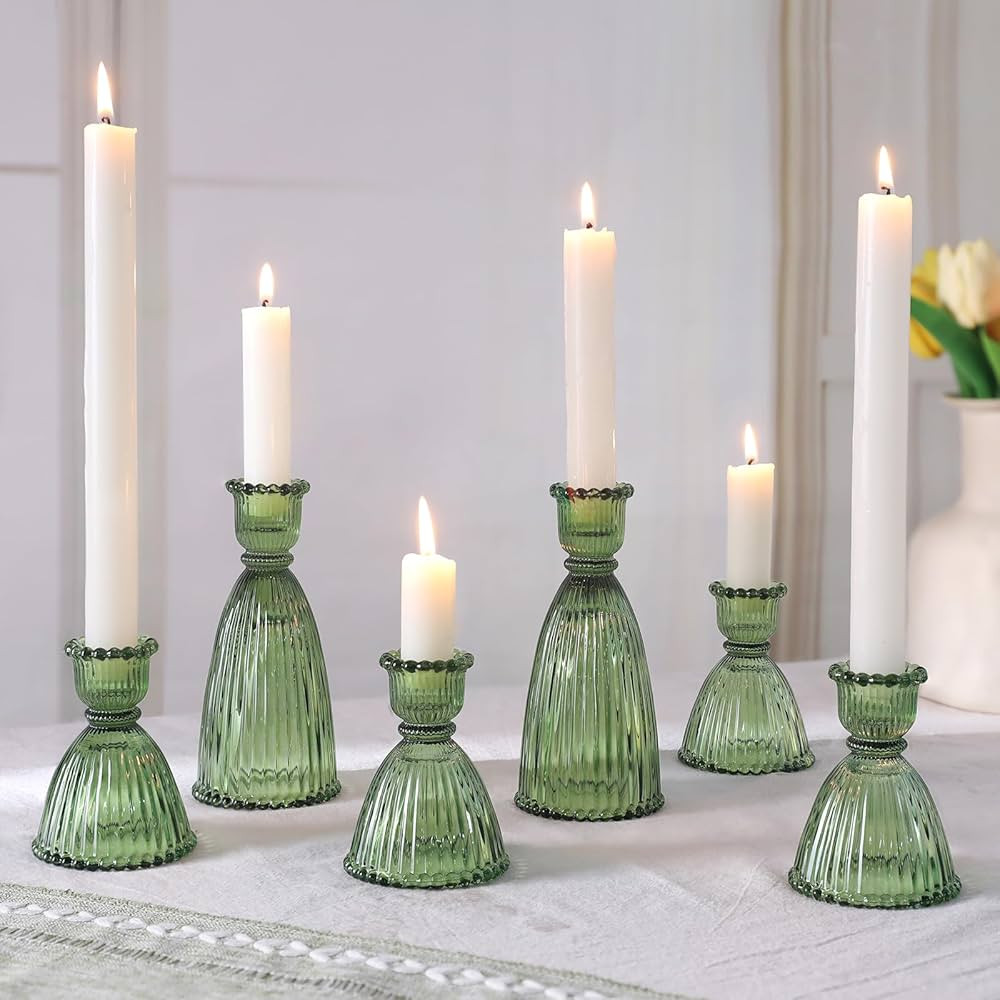 6 Pcs Green Glass Candlestick Holder (3.5"/6", Assorted)- Tall Taper Candle Holders with Vintage ... | Amazon (US)