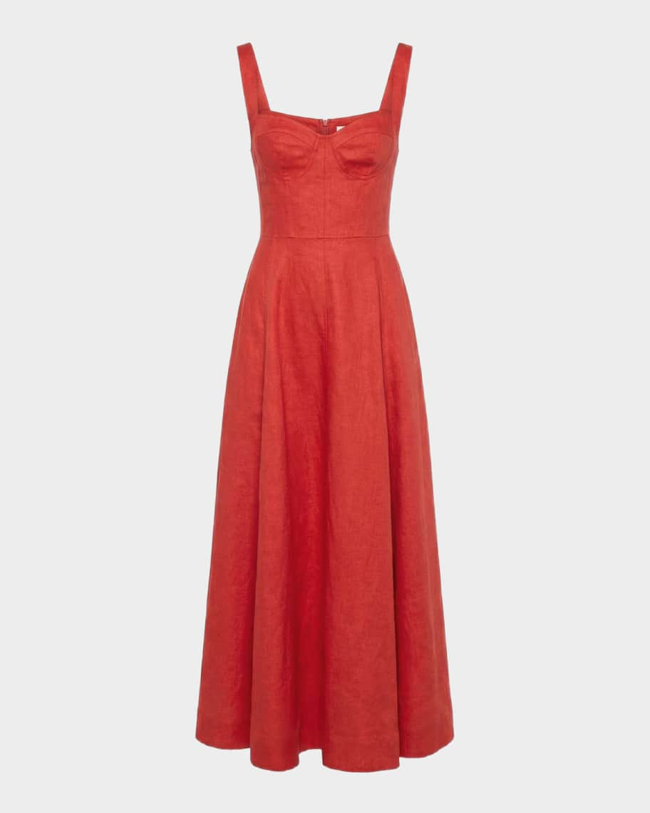 NICHOLAS Anya Sweetheart Linen Midi Dress | Neiman Marcus