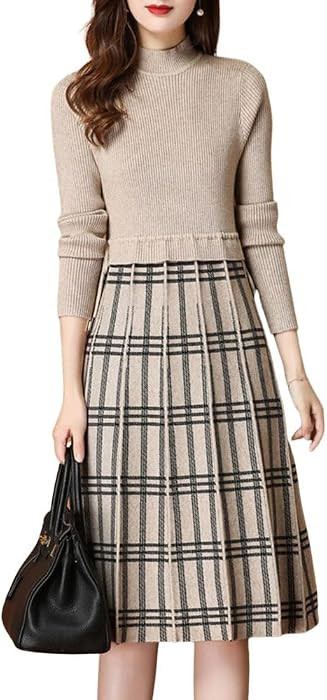chouyatou Women's Vintage Plaid Checkered Color Block A Line Pleated Knitted Sweater Midi Long Dr... | Amazon (US)