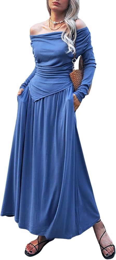 2 Piece Skirt Set for Women Ruched Long Sleeve Off Shoulder Tops Knit Maxi Skirts 2024 Fall Match... | Amazon (US)