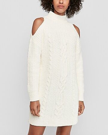 cozy chenille cable knit cold shoulder shift dress | Express