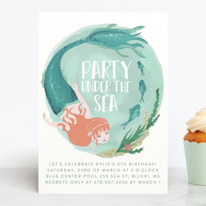 "Little Mermaid" - Customizable Children's Birthday Party Invitations in Blue or Green by Grae. | Minted