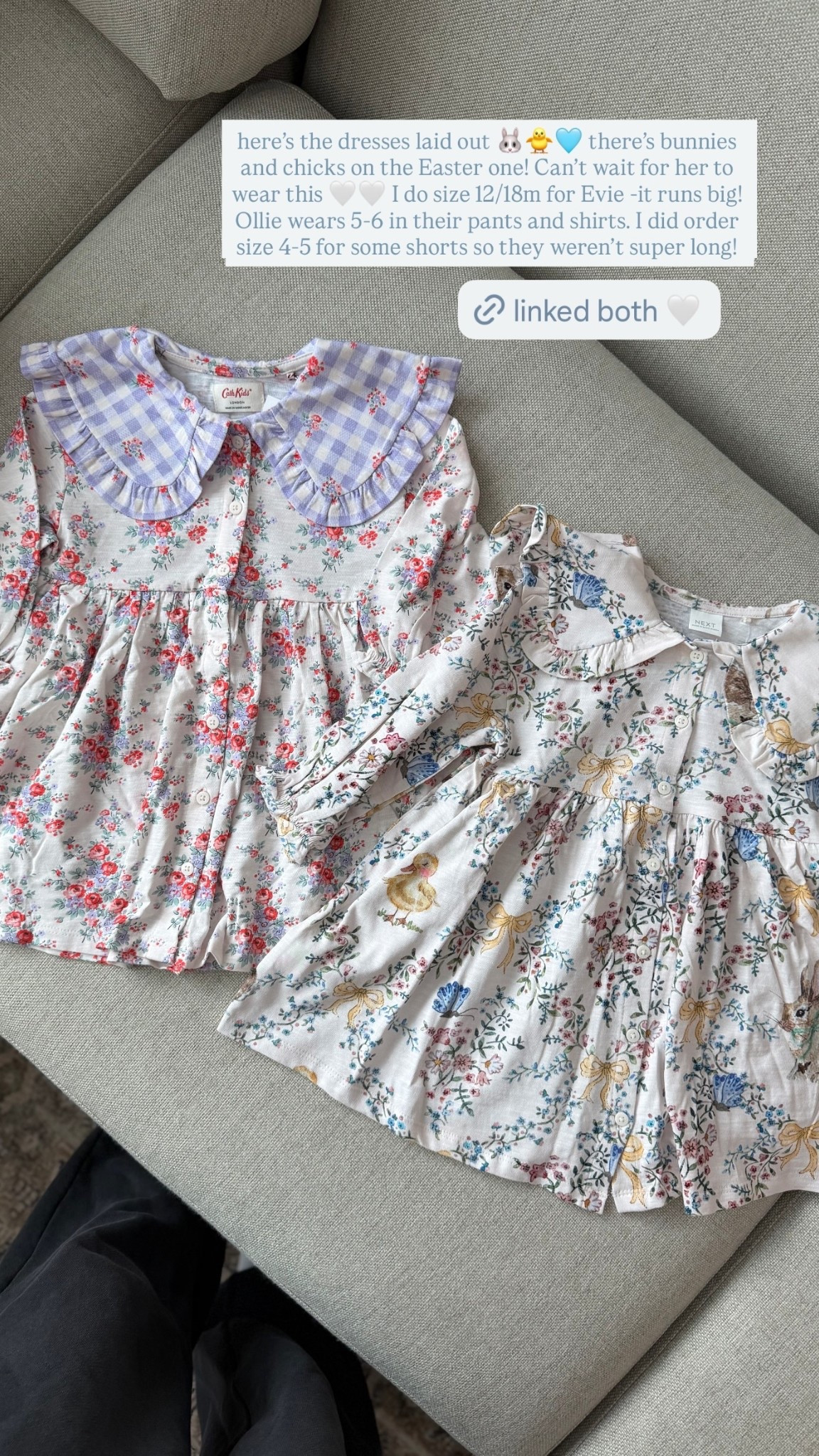 here’s the dresses laid out 🐰🐥🩵 there’s bunnies and chicks on the Easter one! Can’t wait for her to wear this 🤍🤍 I do size 12/18m for Evie -it runs big! Ollie wears 5-6 in their pants and shirts. I did order size 4-5 for some shorts so they weren’t super long! @nextofficial